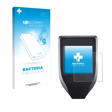 Face avant d’un emballage produit avec le logo de la marque upscreen. À côté, l’appareil Trezor Model T est représenté avec la