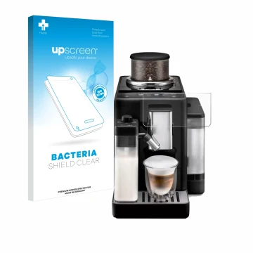 Face avant d’un emballage produit avec le logo de la marque upscreen. À côté, l’appareil DeLonghi Rivelia est représenté avec 