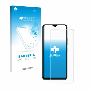 Face avant d’un emballage produit avec le logo de la marque upscreen. À côté, l’appareil Xiaomi Redmi A3 est représenté avec l