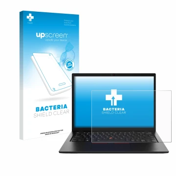 Face avant d’un emballage produit avec le logo de la marque upscreen. À côté, l’appareil Lenovo ThinkPad L13 Gen 4 Non-Touch e