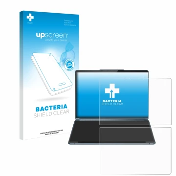 Face avant d’un emballage produit avec le logo de la marque upscreen. À côté, l’appareil Lenovo Yoga Book 9i Gen 9 est représe