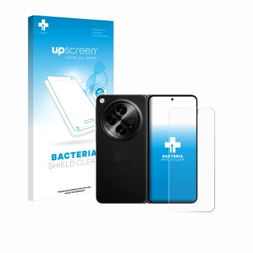 Face avant d’un emballage produit avec le logo de la marque upscreen. À côté, l’appareil OnePlus Open (case-friendly) est repr