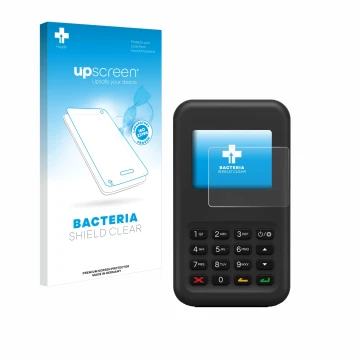 Face avant d’un emballage produit avec le logo de la marque upscreen. À côté, l’appareil Shopify WisePad 3 est représenté avec