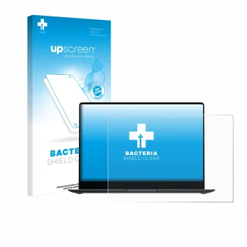 Face avant d’un emballage produit avec le logo de la marque upscreen. À côté, l’appareil Samsung Galaxy Book4 Pro 14