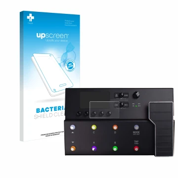 Face avant d’un emballage produit avec le logo de la marque upscreen. À côté, l’appareil Line 6 POD GO est représenté avec la 