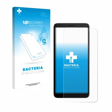 Face avant d’un emballage produit avec le logo de la marque upscreen. À côté, l’appareil TCL 501 est représenté avec la protec