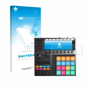 Face avant d’un emballage produit avec le logo de la marque upscreen. À côté, l’appareil Native Instruments Maschine + est rep