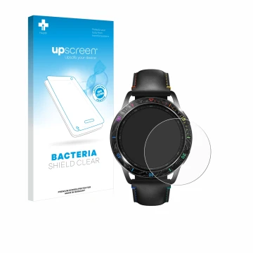 Face avant d’un emballage produit avec le logo de la marque upscreen. À côté, l’appareil Xiaomi Watch S3 est représenté avec l