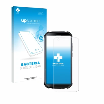 Face avant d’un emballage produit avec le logo de la marque upscreen. À côté, l’appareil Doogee S41 Plus est représenté avec l