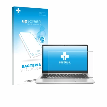 Face avant d’un emballage produit avec le logo de la marque upscreen. À côté, l’appareil HP ProBook 445 G7 est représenté avec