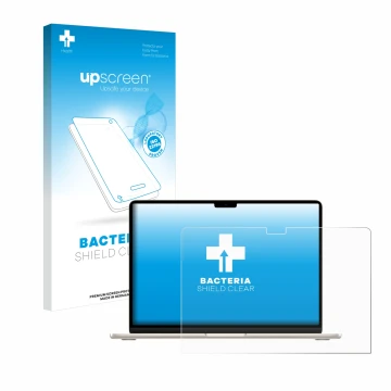 Face avant d’un emballage produit avec le logo de la marque upscreen. À côté, l’appareil Apple MacBook Air 15