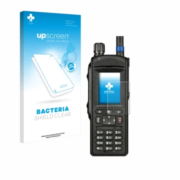 Face avant d’un emballage produit avec le logo de la marque upscreen. À côté, l’appareil Motorola MTP6650 est représenté avec 