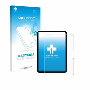 Face avant d’un emballage produit avec le logo de la marque upscreen. À côté, l’appareil Apple iPad Pro 11