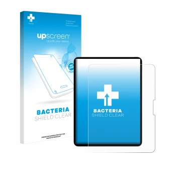 Face avant d’un emballage produit avec le logo de la marque upscreen. À côté, l’appareil Apple iPad Pro 13