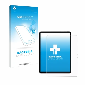 Face avant d’un emballage produit avec le logo de la marque upscreen. À côté, l’appareil Apple iPad Air 13