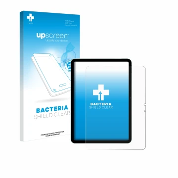 Face avant d’un emballage produit avec le logo de la marque upscreen. À côté, l’appareil Apple iPad Air 11