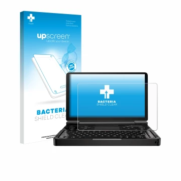 Face avant d’un emballage produit avec le logo de la marque upscreen. À côté, l’appareil GPD Win Mini (2024) est représenté av