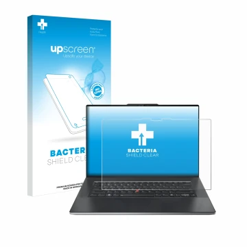 Face avant d’un emballage produit avec le logo de la marque upscreen. À côté, l’appareil Lenovo ThinkPad Z13 Gen 2 est représe