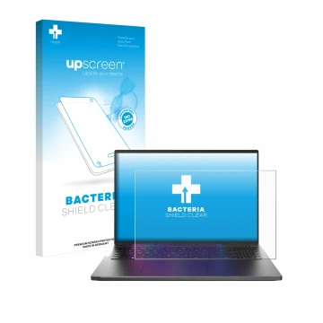 Face avant d’un emballage produit avec le logo de la marque upscreen. À côté, l’appareil Acer Swift Go 16 est représenté avec 