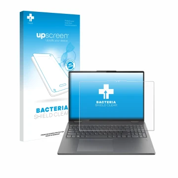 Face avant d’un emballage produit avec le logo de la marque upscreen. À côté, l’appareil Lenovo Yoga 7i 2-in-1 Gen 9 16