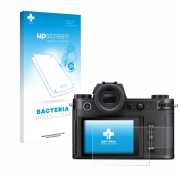 Face avant d’un emballage produit avec le logo de la marque upscreen. À côté, l’appareil Leica SL3 (Affichage + affichage des 
