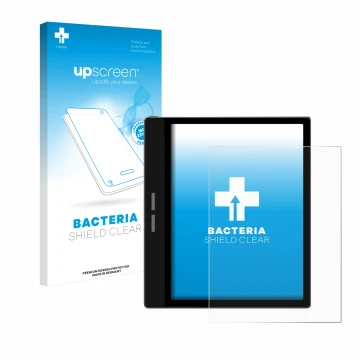 Face avant d’un emballage produit avec le logo de la marque upscreen. À côté, l’appareil Bigme B751C est représenté avec la pr