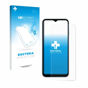 Face avant d’un emballage produit avec le logo de la marque upscreen. À côté, l’appareil Samsung Galaxy M15 est représenté ave