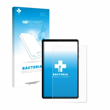 Face avant d’un emballage produit avec le logo de la marque upscreen. À côté, l’appareil Lenovo Legion Tab est représenté avec