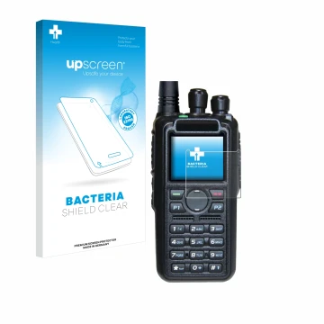 Face avant d’un emballage produit avec le logo de la marque upscreen. À côté, l’appareil AnyTone AT-D878UV II Plus est représe