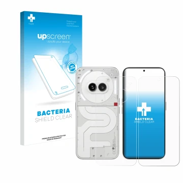 Face avant d’un emballage produit avec le logo de la marque upscreen. À côté, l’appareil Nothing Phone (2a) (Avant+Arrière) es