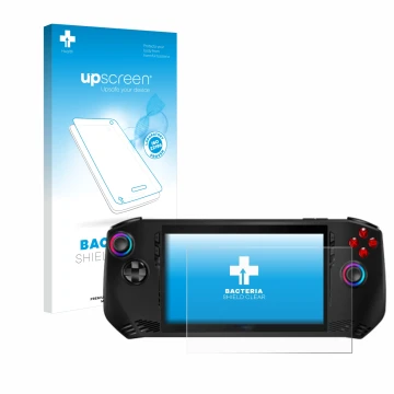 Face avant d’un emballage produit avec le logo de la marque upscreen. À côté, l’appareil MSI Claw A1M est représenté avec la p