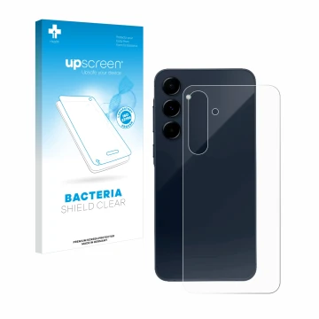 Face avant d’un emballage produit avec le logo de la marque upscreen. À côté, l’appareil Samsung Galaxy A35 5G (Arrière) est r