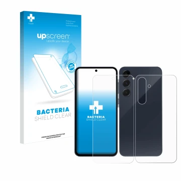 Face avant d’un emballage produit avec le logo de la marque upscreen. À côté, l’appareil Samsung Galaxy A35 5G (Avant+Arrière)