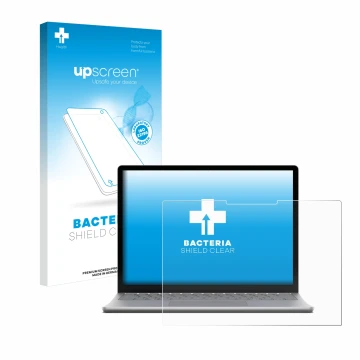 Face avant d’un emballage produit avec le logo de la marque upscreen. À côté, l’appareil Microsoft Surface Laptop 6 15