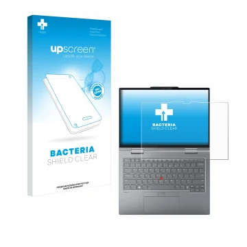 Face avant d’un emballage produit avec le logo de la marque upscreen. À côté, l’appareil Lenovo ThinkPad X1 2-in-1 Gen 9 14