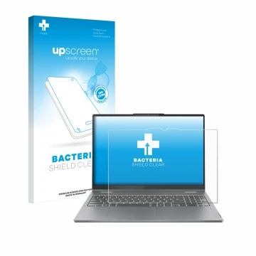 Face avant d’un emballage produit avec le logo de la marque upscreen. À côté, l’appareil Lenovo IdeaPad 5 2-in-1 Gen 9 16