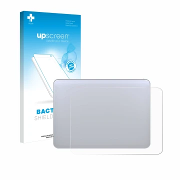 Face avant d’un emballage produit avec le logo de la marque upscreen. À côté, l’appareil Apple Magic 3 (Touch Trackpad) est re