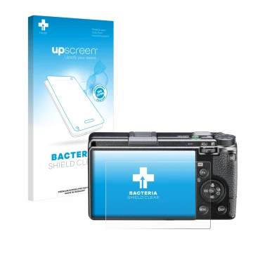 Face avant d’un emballage produit avec le logo de la marque upscreen. À côté, l’appareil Ricoh GR III HDF est représenté avec 