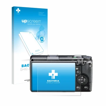 Face avant d’un emballage produit avec le logo de la marque upscreen. À côté, l’appareil Ricoh GR IIIx HDF est représenté avec