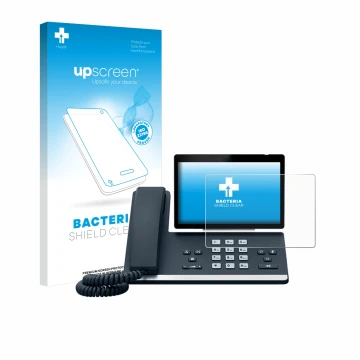 Face avant d’un emballage produit avec le logo de la marque upscreen. À côté, l’appareil Yealink SIP-T57W est représenté avec 