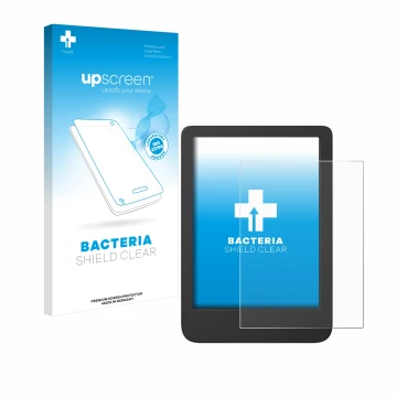 Face avant d’un emballage produit avec le logo de la marque upscreen. À côté, l’appareil Tolino Shine 5 Color 2024 est représe