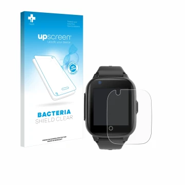 Face avant d’un emballage produit avec le logo de la marque upscreen. À côté, l’appareil Leotec Kids Allo Plus 4G est représen