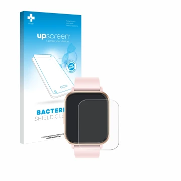 Face avant d’un emballage produit avec le logo de la marque upscreen. À côté, l’appareil walkbee Smartwatch 1.83