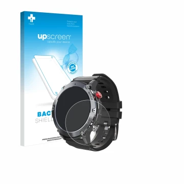 Face avant d’un emballage produit avec le logo de la marque upscreen. À côté, l’appareil Darmowade Smartwatch 1.32