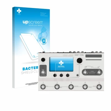 Face avant d’un emballage produit avec le logo de la marque upscreen. À côté, l’appareil Hotone Ampero II Stage est représenté