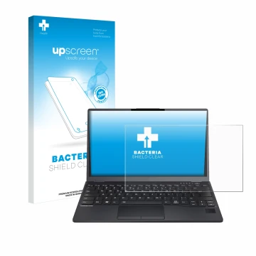 Face avant d’un emballage produit avec le logo de la marque upscreen. À côté, l’appareil Fujitsu Lifebook U9312 est représenté