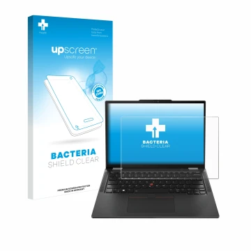 Face avant d’un emballage produit avec le logo de la marque upscreen. À côté, l’appareil Lenovo ThinkPad X13 Gen 5 est représe