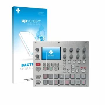 Face avant d’un emballage produit avec le logo de la marque upscreen. À côté, l’appareil Elektron Syntakt E25 Remix Edition es