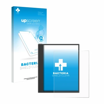 Face avant d’un emballage produit avec le logo de la marque upscreen. À côté, l’appareil PocketBook InkPad Eo (2024) est repré