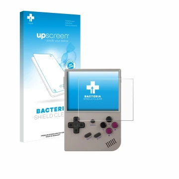 Face avant d’un emballage produit avec le logo de la marque upscreen. À côté, l’appareil Anbernic RG35XX Plus est représenté a